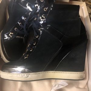 Jimmy Choo black wedge bootie, leather and suede